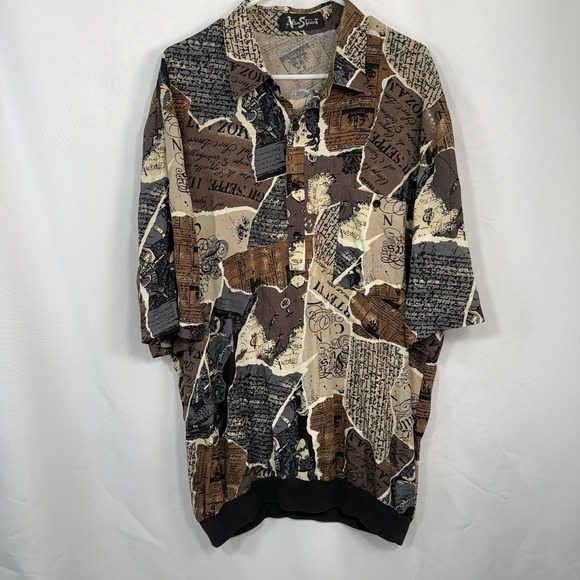 Vintage‎ Alan Stuart Brown Black Italy Pattern Short Sleeve Size XL Tall